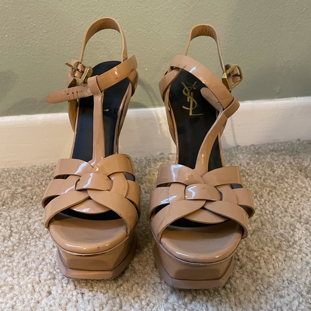 YSL Tribute Sandals, nude patent